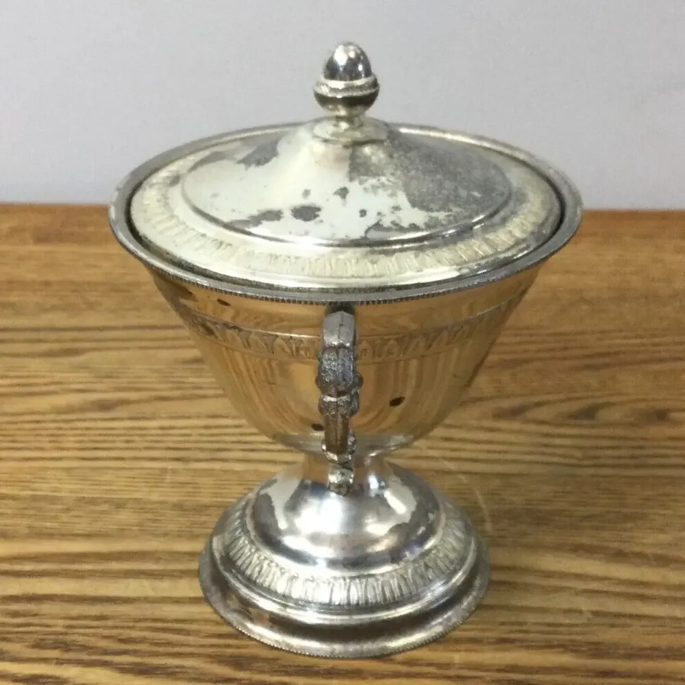 Vintage Bologna Silverplate Sugar Bowl w/ Lid Handles Italy Made Confetti Door
